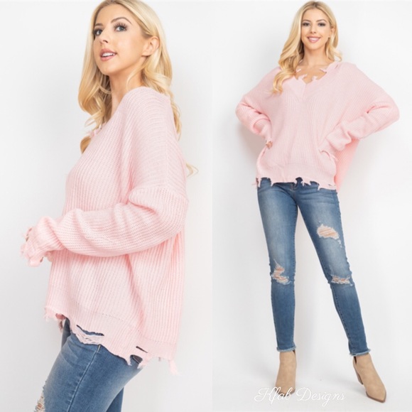 LAST! V Neck Pink Oversized Destroyed Sweater! - Picture 5 of 5